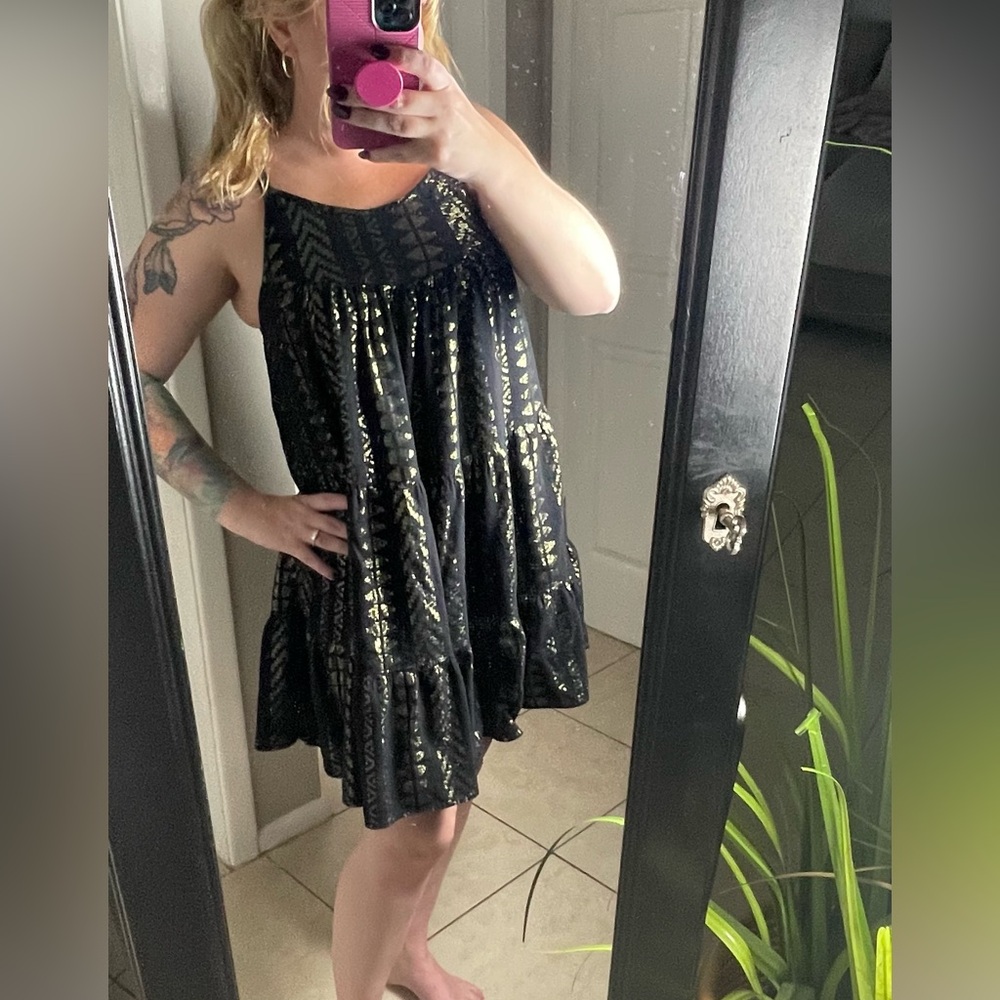 Elan Black and Gold Shimmery Tiered Mini Dress